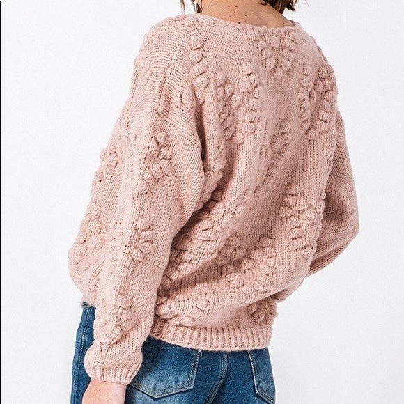 $ FIRM 🌷Mauve Heart Pom Pom Chunky Knit Sweater - Picture 3 of 5